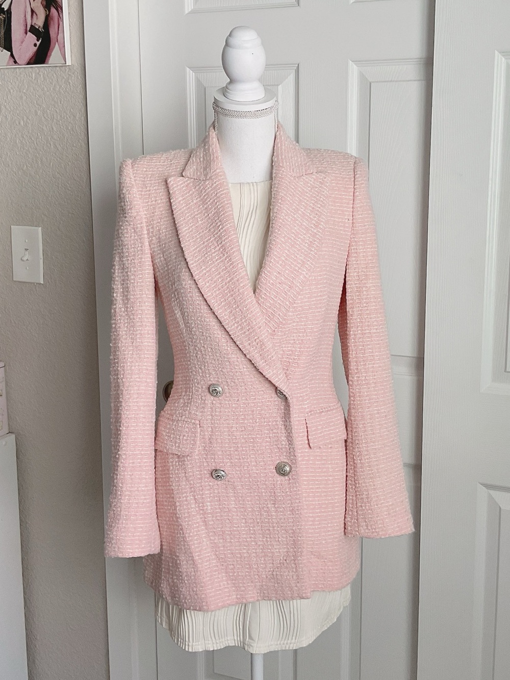 Zara Pink Tweed Double-Breasted Blazer Jacket